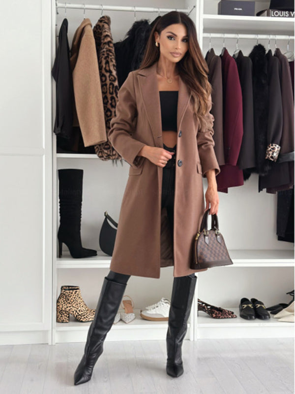 Coats- Elegant Mid-Calf Notch Lapel Coat- - IndioGear Women Clothing