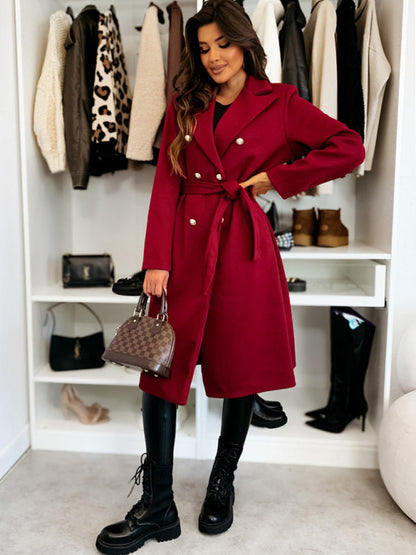 Coats- Elegant Wool Coat for Women Double-Breasted Belted Outerwear- Red- IndioGear Women Clothing