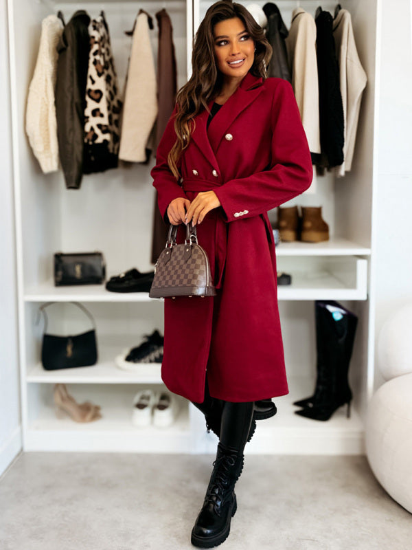 Coats- Elegant Wool Coat for Women Double-Breasted Belted Outerwear- - IndioGear Women Clothing