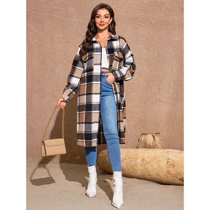 Coats- Fall Plaid Longline Coat for Work & Casual Outings- Plaid- IndioGear.com