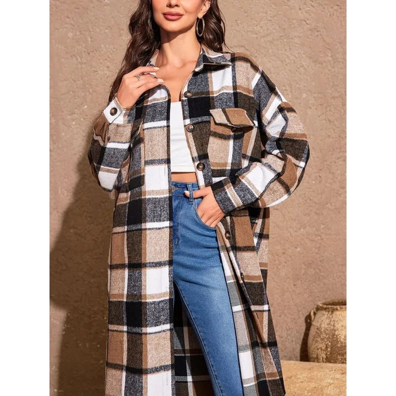 Coats- Fall Plaid Longline Coat for Work & Casual Outings- - IndioGear.com