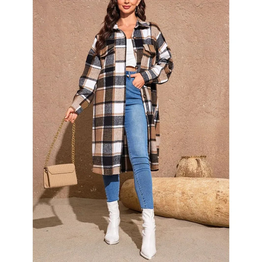 Coats- Fall Plaid Longline Coat for Work & Casual Outings- - IndioGear.com