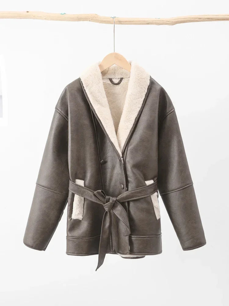 Coats- Minimalist Shearling Leather Jacket – Clean &amp; Sophisticated- - IndioGear