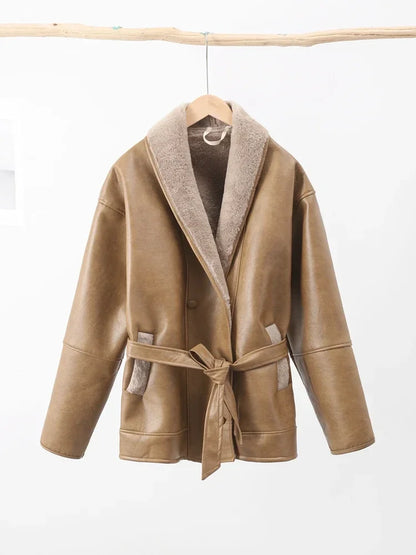 Coats- Minimalist Shearling Leather Jacket – Clean &amp; Sophisticated- - IndioGear