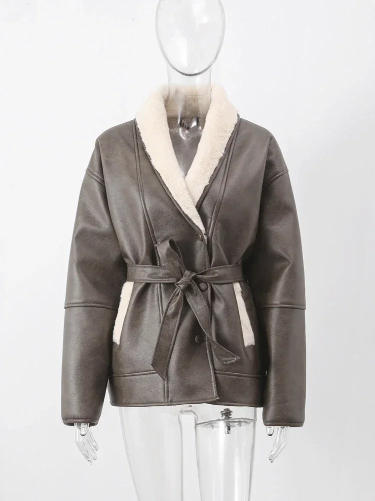 Coats- Minimalist Shearling Leather Jacket – Clean &amp; Sophisticated- - IndioGear