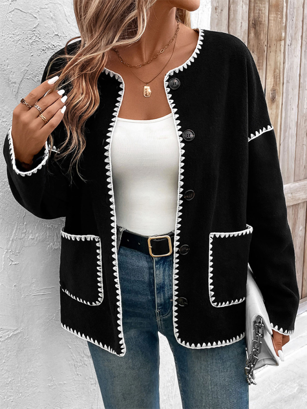 Coats Jackets- Women Black Fleece Jacket with Zigzag Stitching- - IndioGear.com