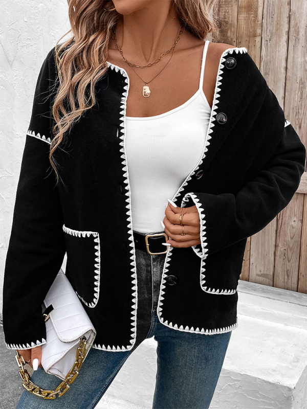 Coats Jackets- Women Black Fleece Jacket with Zigzag Stitching- - IndioGear.com