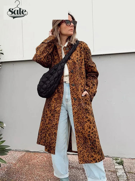 Coats- Leopard Print Long Coat Animal Pattern Winter Outwear- - IndioGear.com