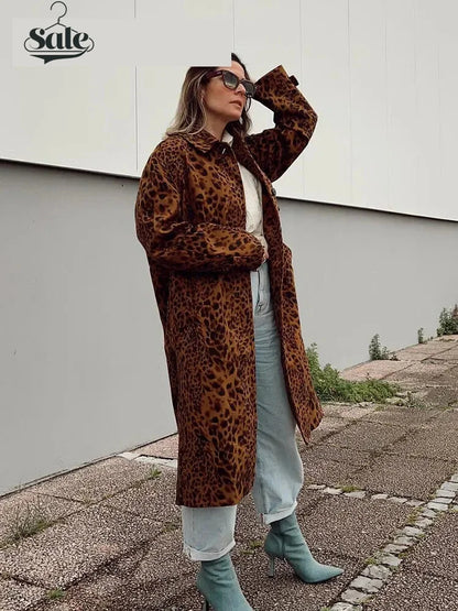 Coats- Leopard Print Long Coat Animal Pattern Winter Outwear- - IndioGear.com