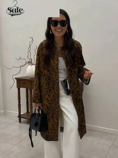 Coats- Leopard Print Long Coat Animal Pattern Winter Outwear- - IndioGear.com