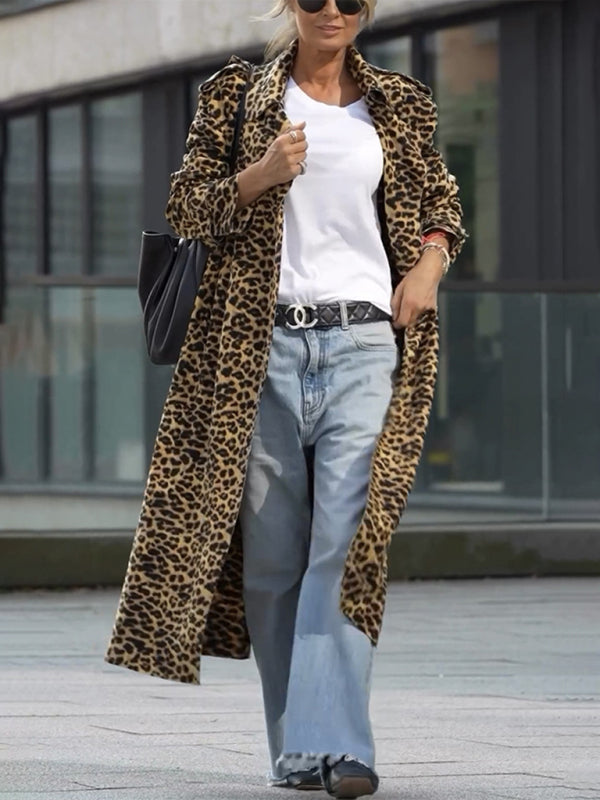 Coats- Leopard Print Notch Lapel Coat Evening Windbreaker- Leopard- IndioGear Women Clothing