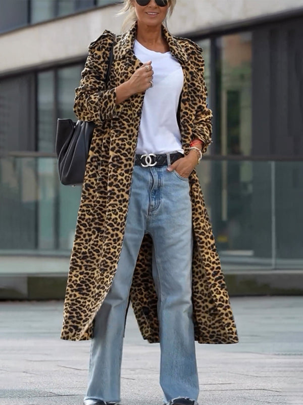 Coats- Leopard Print Notch Lapel Coat Evening Windbreaker- - IndioGear Women Clothing