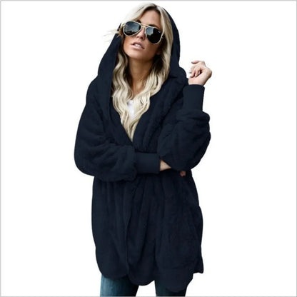 Coats- Teddy Hoodie Coat Plush Longline Jacket- Blue- IndioGear.com