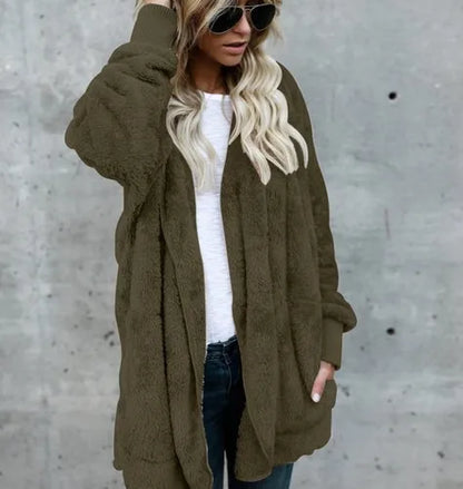 Coats- Teddy Hoodie Coat Plush Longline Jacket- Army green- IndioGear.com