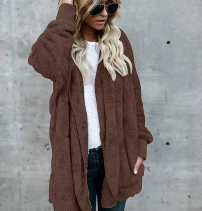 Coats- Teddy Hoodie Coat Plush Longline Jacket- Dark Brown- IndioGear.com