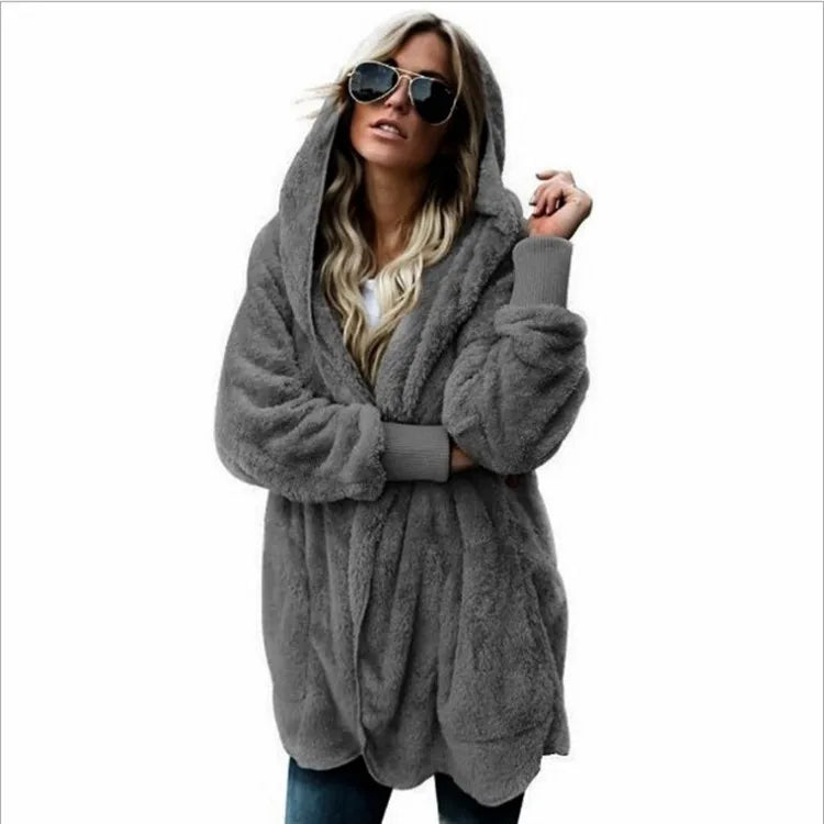 Coats- Teddy Hoodie Coat Plush Longline Jacket- Dark Gray- IndioGear.com