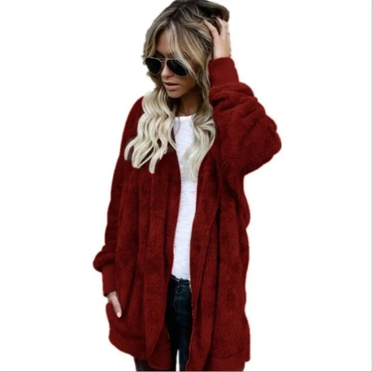 Coats- Teddy Hoodie Coat Plush Longline Jacket- Burgundy- IndioGear.com