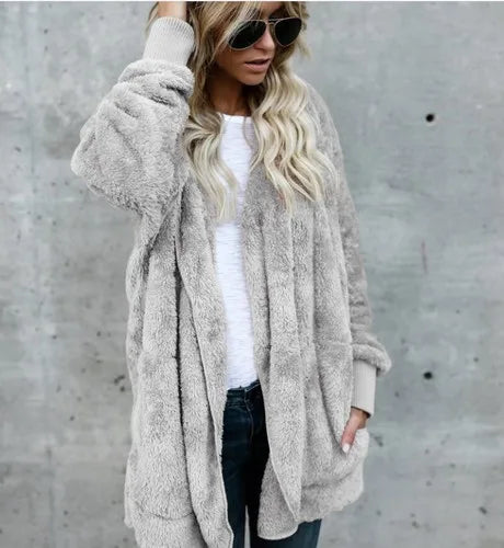 Coats- Teddy Hoodie Coat Plush Longline Jacket- Gray- IndioGear.com