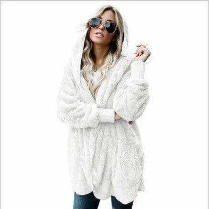 Coats- Teddy Hoodie Coat Plush Longline Jacket- Pure White- IndioGear.com