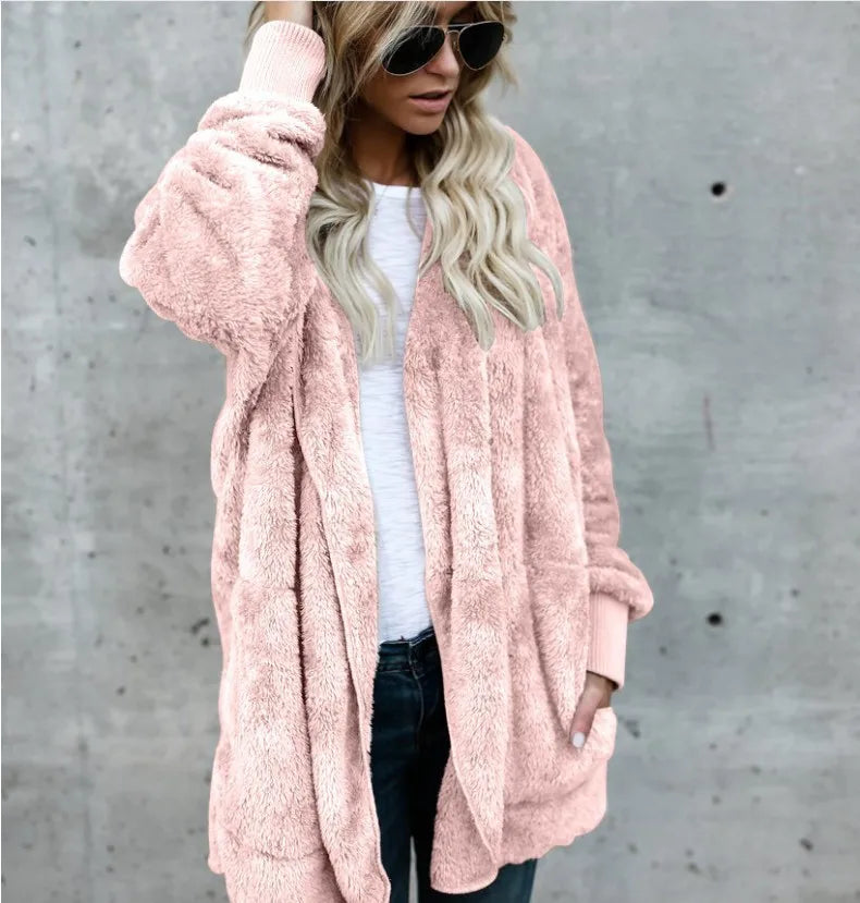 Coats- Teddy Hoodie Coat Plush Longline Jacket- Pink- IndioGear.com