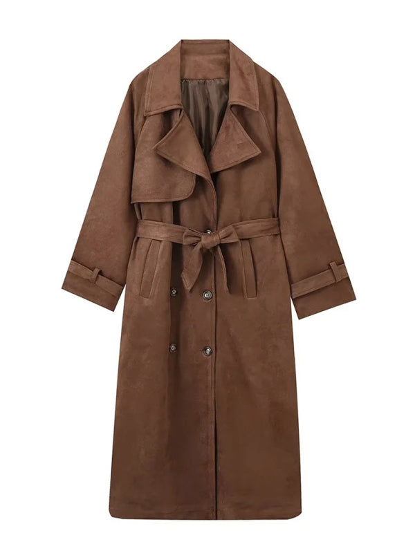 Coats- Winter Faux Suede Trench Coat Belted Notch Outerwear- - IndioGear Women Clothing