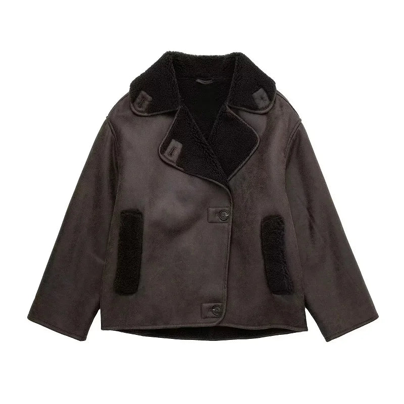 Coats- Women's Elegant Cape-Like Faux Leather Jacket- Brown- IndioGear.com