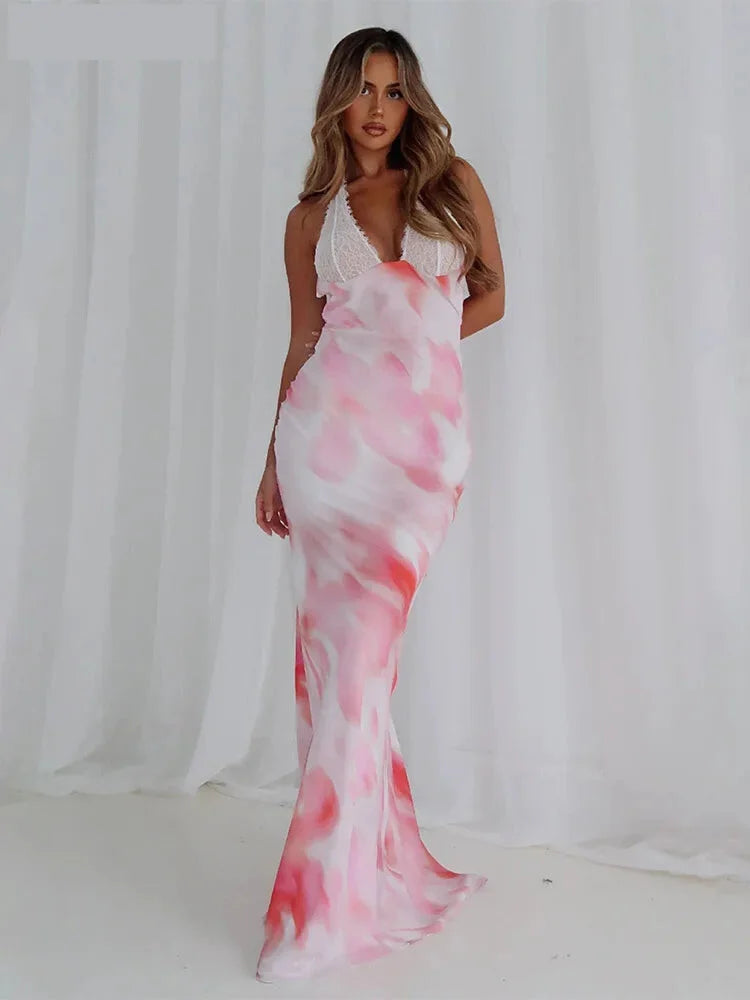 Cocktail Dresses- Abstract Print Mermaid Dress -Tailored Elegance for Cocktail Parties- Pink- IndioGear.com