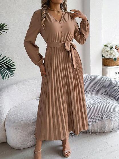 Cocktail Dresses- Classic Pleated Midi Dress for All Occasions- Khaki- IndioGear.com