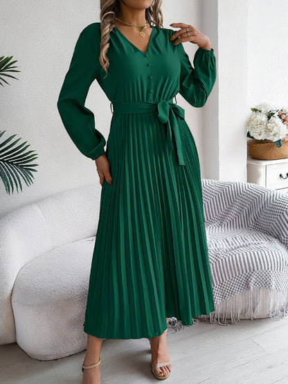 Cocktail Dresses- Classic Pleated Midi Dress for All Occasions- Green black jasper- IndioGear.com