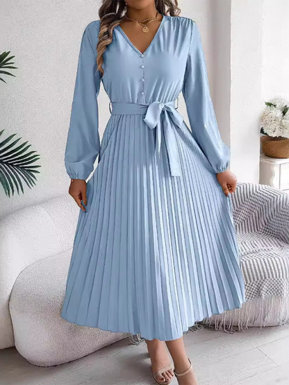 Cocktail Dresses- Classic Pleated Midi Dress for All Occasions- Clear blue- IndioGear.com