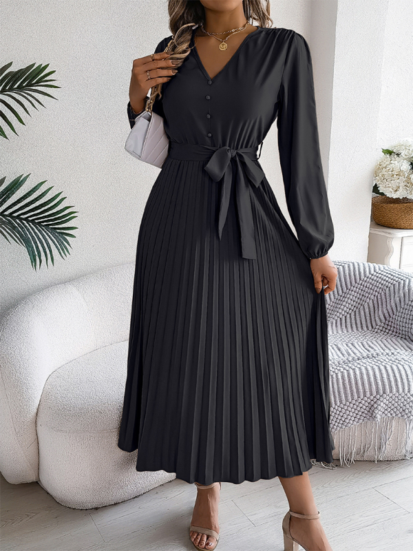 Cocktail Dresses- Classic Pleated Midi Dress for All Occasions- Black- IndioGear.com