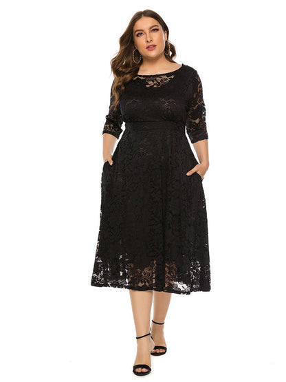 Cocktail Dresses- Cocktail Curvy Tea-length Lace Dress- - IndioGear Women Clothing