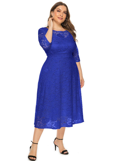 Cocktail Dresses- Cocktail Curvy Tea-length Lace Dress- Purplish blue navy- IndioGear Women Clothing