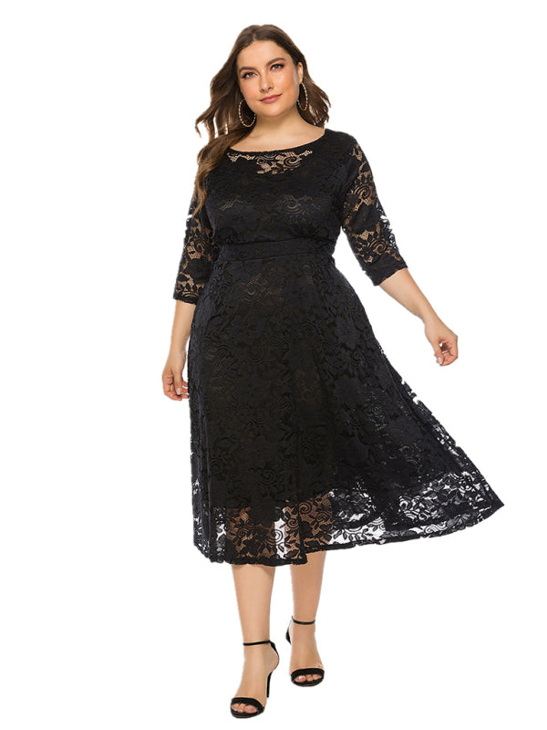 Cocktail Dresses- Cocktail Curvy Tea-length Lace Dress- Black- IndioGear Women Clothing