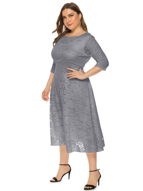 Cocktail Dresses- Cocktail Curvy Tea-length Lace Dress- Grey- IndioGear Women Clothing