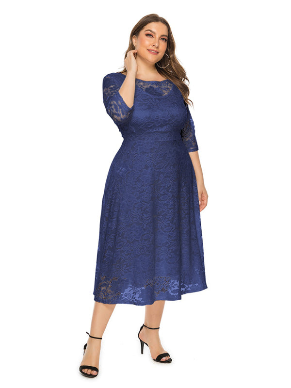 Cocktail Dresses- Cocktail Curvy Tea-length Lace Dress- - IndioGear Women Clothing