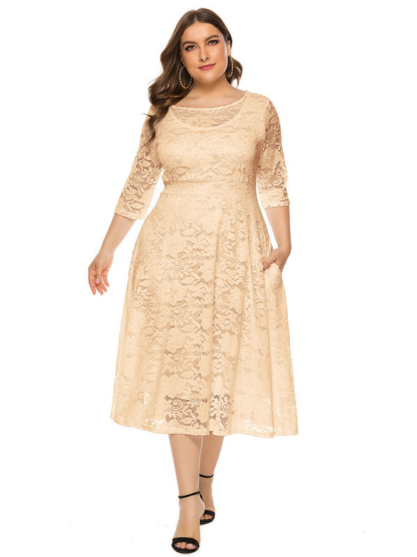 Cocktail Dresses- Cocktail Curvy Tea-length Lace Dress- Cracker khaki- IndioGear Women Clothing