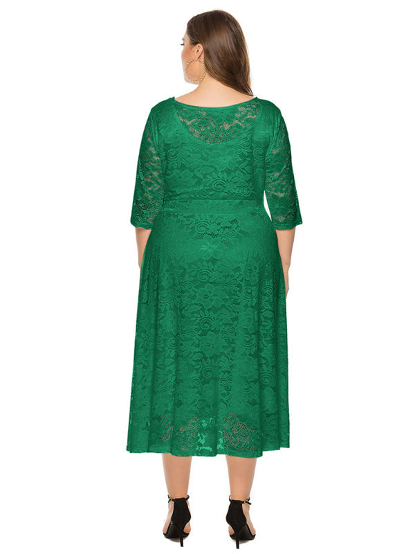 Cocktail Dresses- Cocktail Curvy Tea-length Lace Dress- - IndioGear Women Clothing