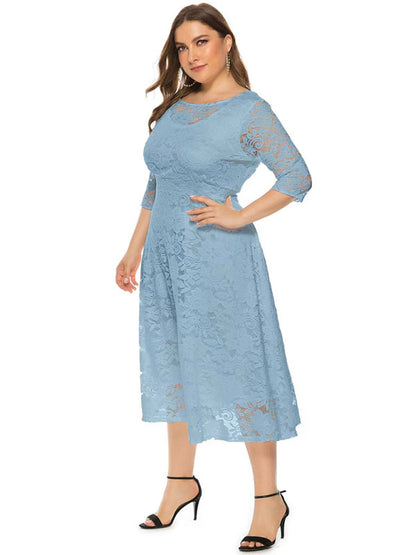 Cocktail Dresses- Cocktail Curvy Tea-length Lace Dress- Blue grey- IndioGear Women Clothing