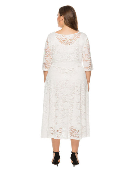 Cocktail Dresses- Cocktail Curvy Tea-length Lace Dress- - IndioGear Women Clothing