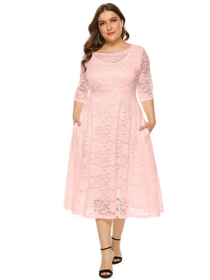 Cocktail Dresses- Cocktail Curvy Tea-length Lace Dress- Pink- IndioGear Women Clothing