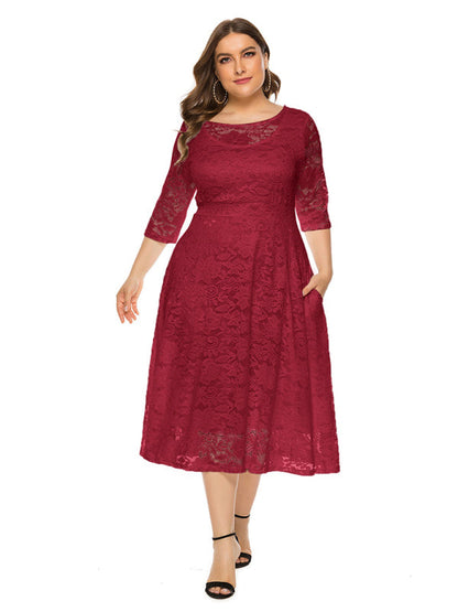 Cocktail Dresses- Cocktail Curvy Tea-length Lace Dress- Wine Red- IndioGear Women Clothing