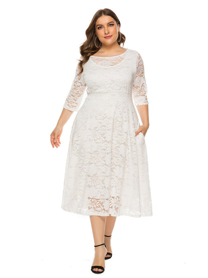 Cocktail Dresses- Cocktail Curvy Tea-length Lace Dress- - IndioGear Women Clothing