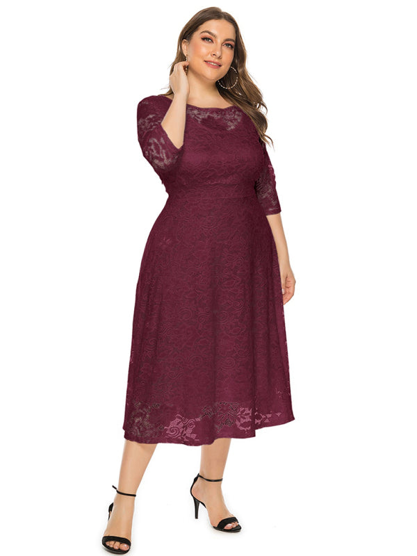 Cocktail Dresses- Cocktail Curvy Tea-length Lace Dress- - IndioGear Women Clothing