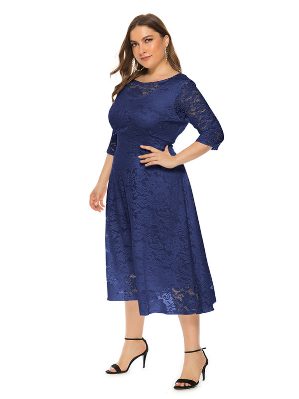 Cocktail Dresses- Cocktail Curvy Tea-length Lace Dress- - IndioGear Women Clothing