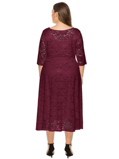 Cocktail Dresses- Cocktail Curvy Tea-length Lace Dress- - IndioGear Women Clothing