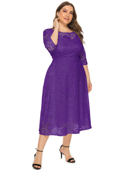 Cocktail Dresses- Cocktail Curvy Tea-length Lace Dress- - IndioGear Women Clothing