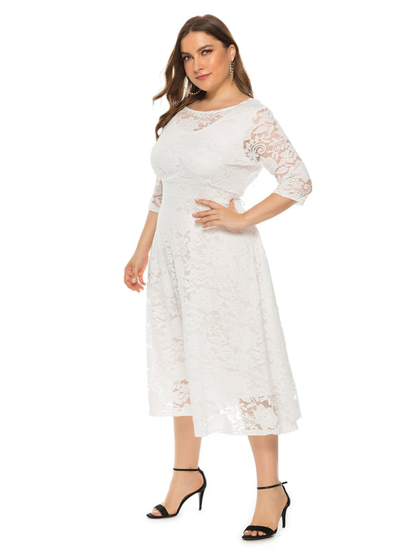 Cocktail Dresses- Cocktail Curvy Tea-length Lace Dress- - IndioGear Women Clothing