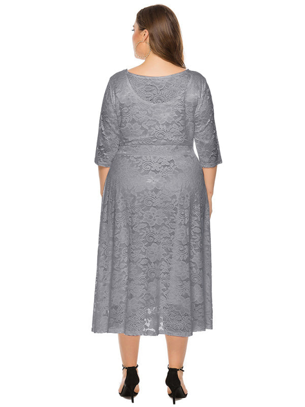 Cocktail Dresses- Cocktail Curvy Tea-length Lace Dress- - IndioGear Women Clothing