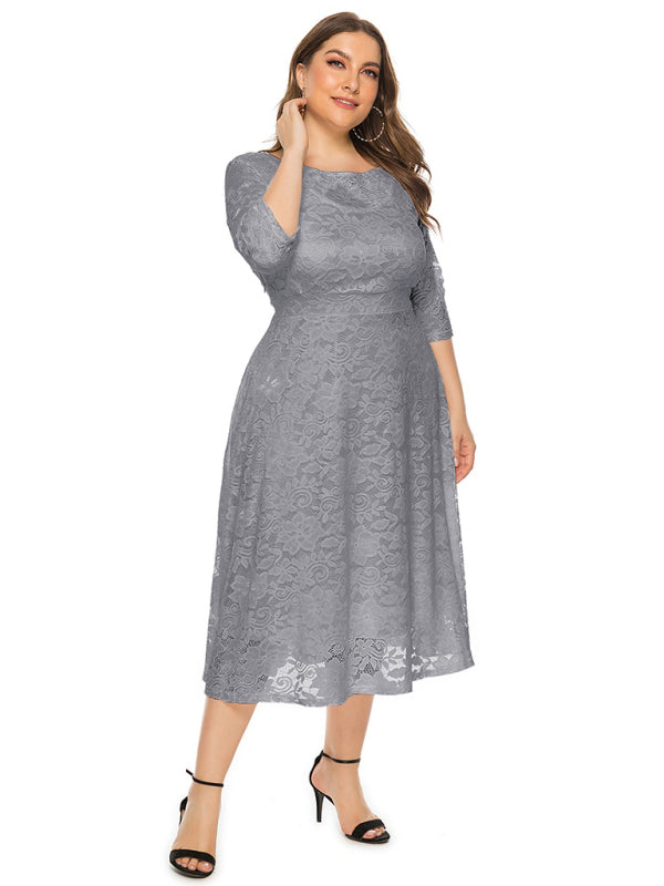 Cocktail Dresses- Cocktail Curvy Tea-length Lace Dress- - IndioGear Women Clothing